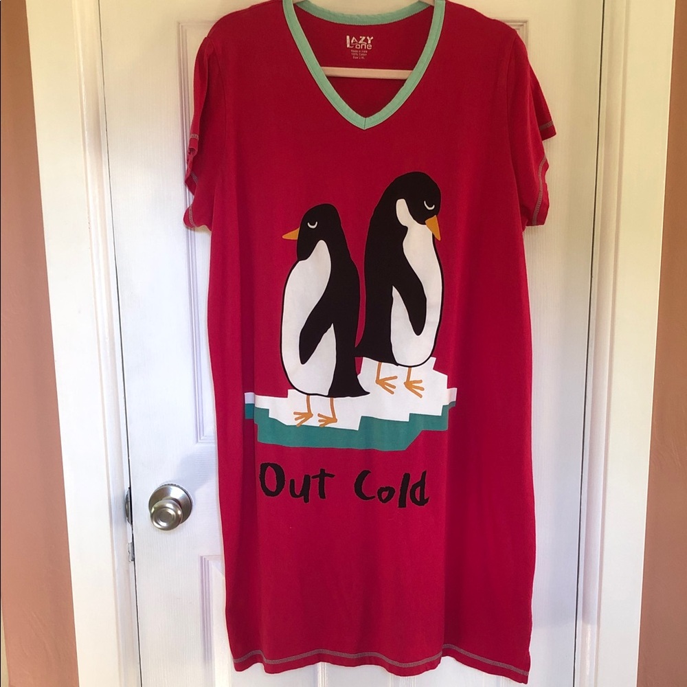 Lazy One Out Cold Penguins Cotton Nightgown Sleep Shirt Sz. L/XL